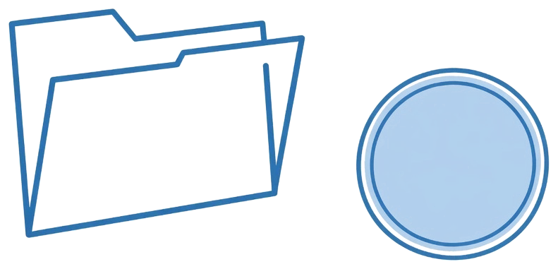 A folder, and a round stamp beside it, not touching