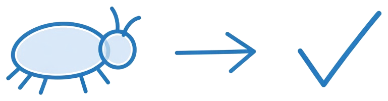 A bug outline, an arrow, a check mark